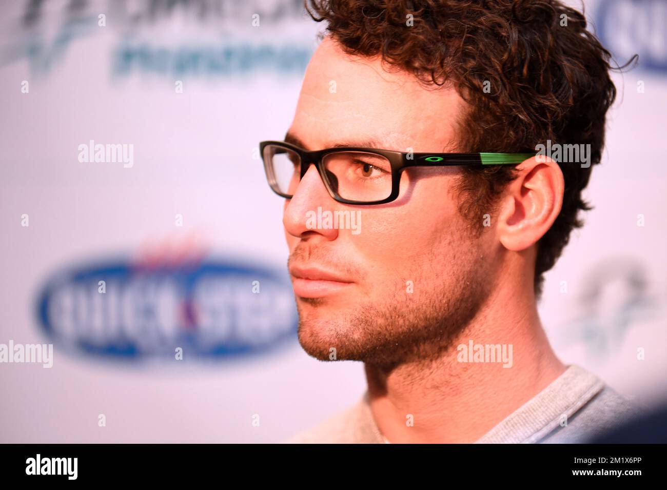 British Mark Cavendish of team Omega Pharma - Quick Step pictured during a press conference after a training session before the Zesdaagse Vlaanderen-Gent six-day indoor cycling race at the indoor cycling arena 'Het Kuipke', Monday 17 November 2014, in Gent. The 74th edition takes place from November 18th until November 23rd.  Stock Photo