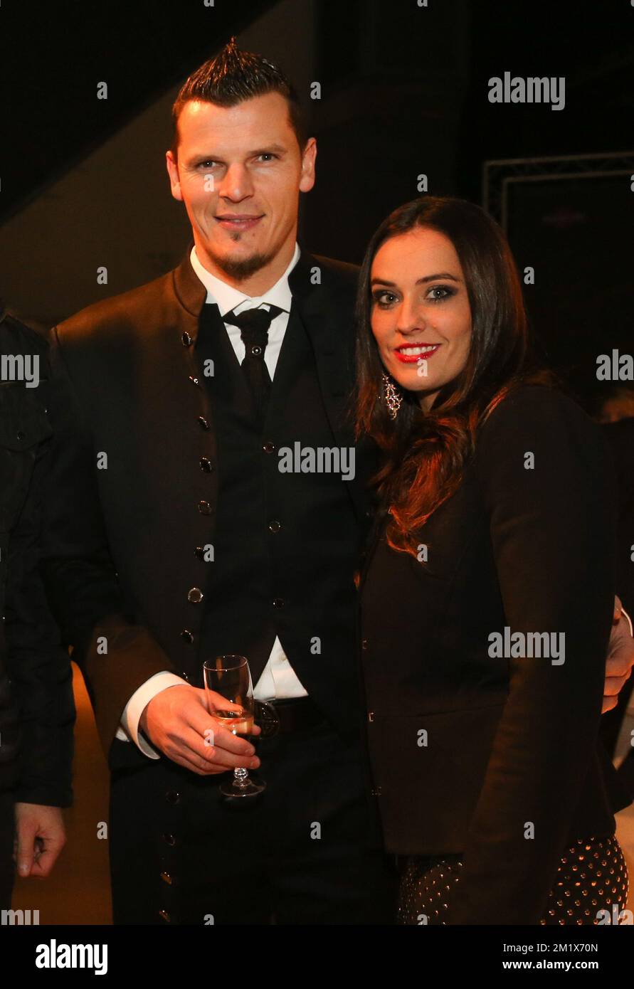 Former Red Devil Daniel Van Buyten and his wife Celine pictured before the Gala evening 'Sport and Fashion evening', a charity gala for two associations, the Constant Van Den Stock foundation and Justine 4 Kids, in the Spiroudome, in Charleroi, Wednesday 19 November 2014. Stock Photo