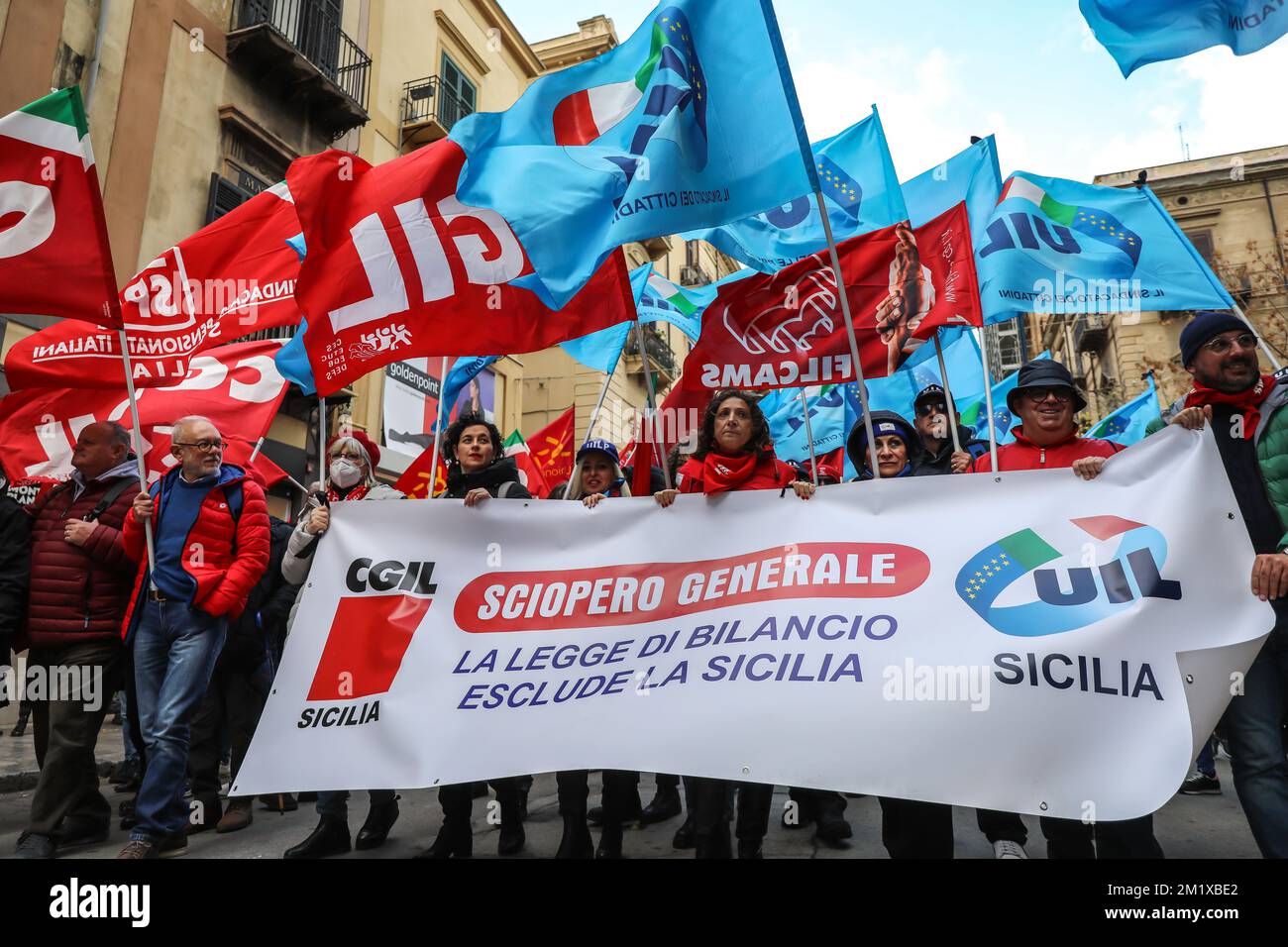 Palermo, Italy. 13th Dec, 2022. Italian General Confederation of Labour (CGIL) and Italian Labour Union (UIL) protest against Meloni government in Palermo, Italy on Dec. 13, 2022. (Photo by Antonio Melita/Pacific Press/Sipa USA) Credit: Sipa USA/Alamy Live News Stock Photo