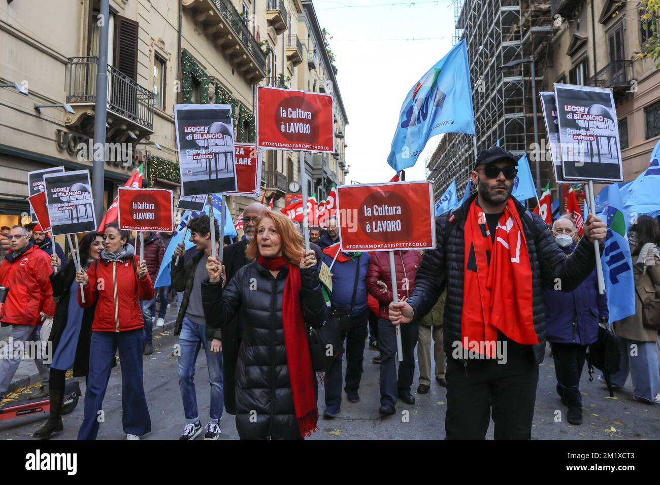 Palermo, Italy. 13th Dec, 2022. Italian General Confederation of Labour (CGIL) and Italian Labour Union (UIL) protest against Meloni government in Palermo, Italy on Dec. 13, 2022. (Photo by Antonio Melita/Pacific Press/Sipa USA) Credit: Sipa USA/Alamy Live News Stock Photo