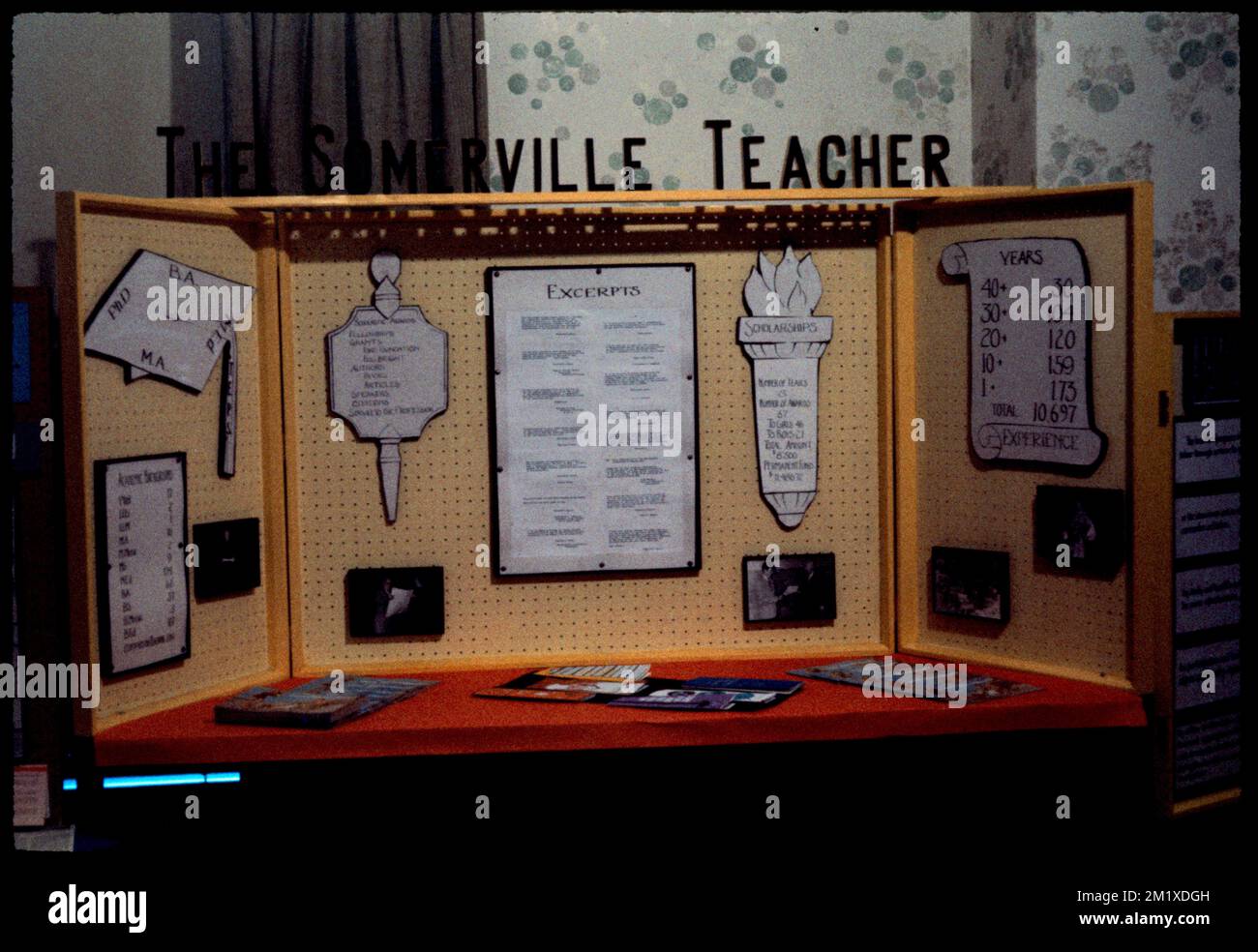 Board with displays headed 'The Somerville Teacher' , Meetings