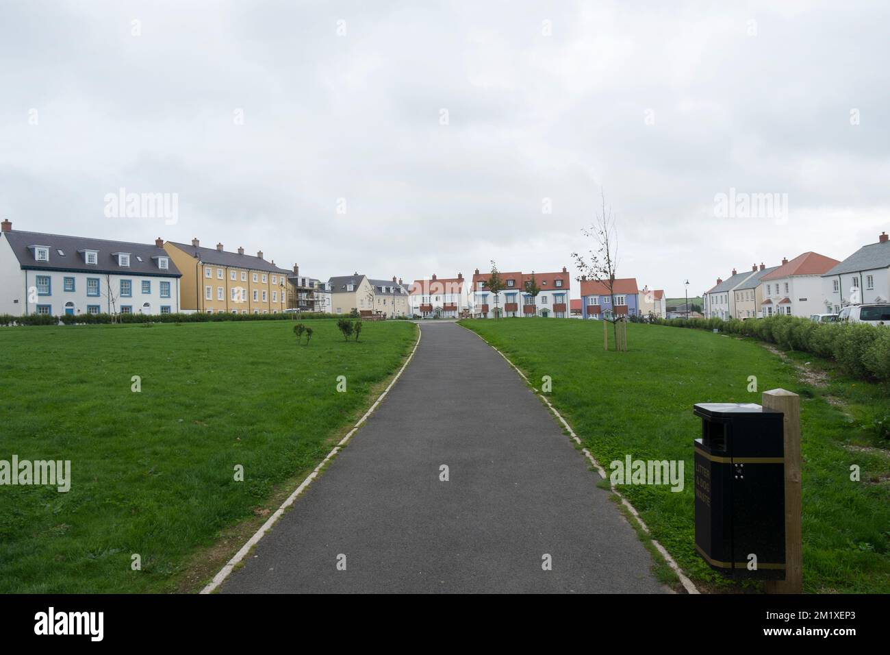 Parc Mengleudh, one of the open green spaces in Nansledan, a housing development by the Duchy of Cornwall in Newquay, Cornwall, South West England, UK Stock Photo