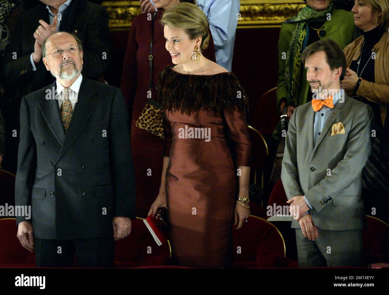 20150203 - BRUSSELS, BELGIUM: Luc Coene, Queen Mathilde of Belgium and Peter De Caluwe pictured during a performance of 'Alcina' of George Frideric Handel, in a production of Belgian opera house De Munt-La Monnaie and Dutch 'De Nationale Opera', in Brussels, Tuesday 03 February 2015. BELGA PHOTO ERIC LALMAND Stock Photo