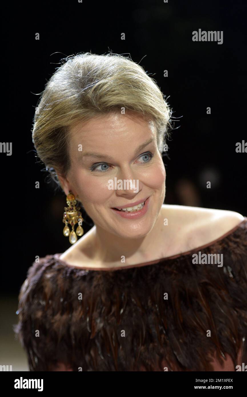 20150203 - BRUSSELS, BELGIUM: Queen Mathilde of Belgium pictured during a performance of 'Alcina' of George Frideric Handel, in a production of Belgian opera house De Munt-La Monnaie and Dutch 'De Nationale Opera', in Brussels, Tuesday 03 February 2015. BELGA PHOTO ERIC LALMAND Stock Photo