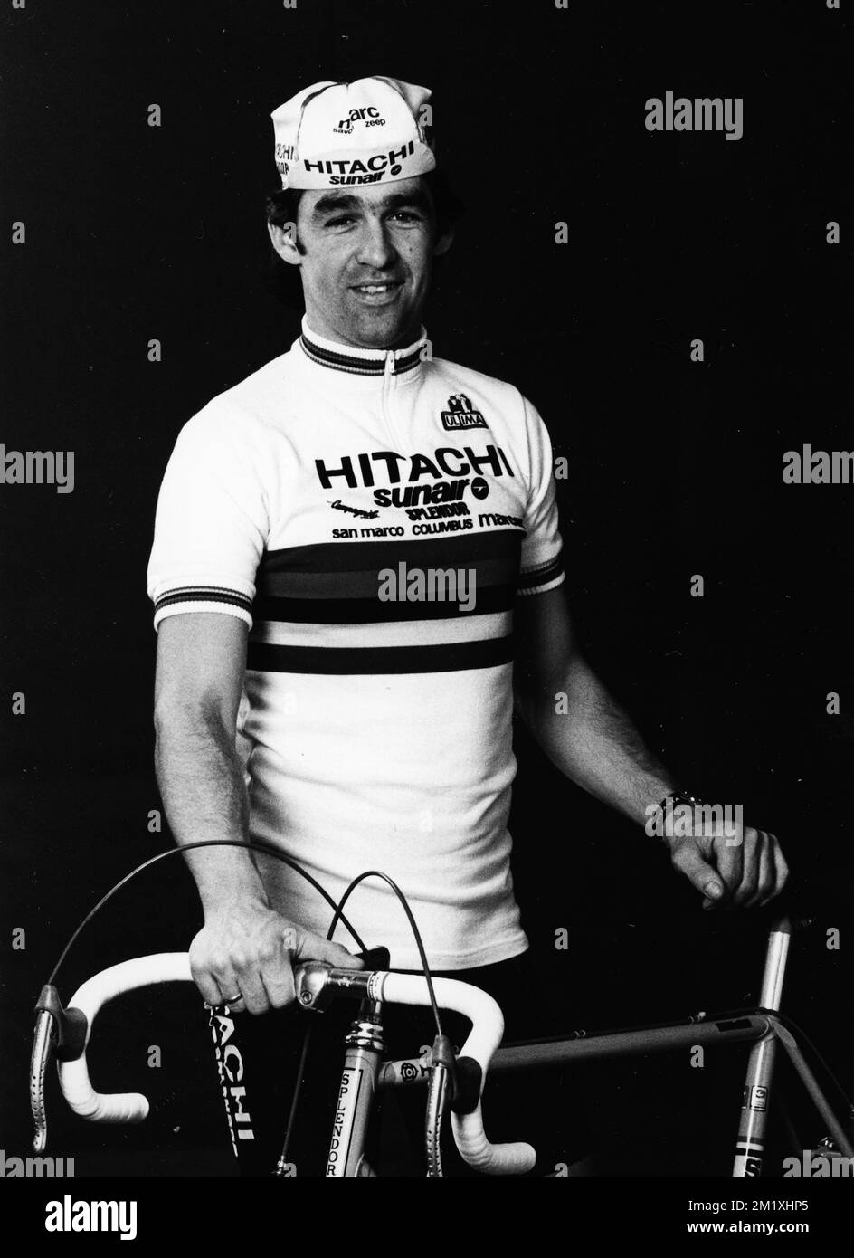 This undated file picture shows Belgian Cycling Champion Claude 'Claudy' Criquielion (Team Hitachi) as he poses with his 1984 World Road Race Championship winner rainbow jersey. Stock Photo
