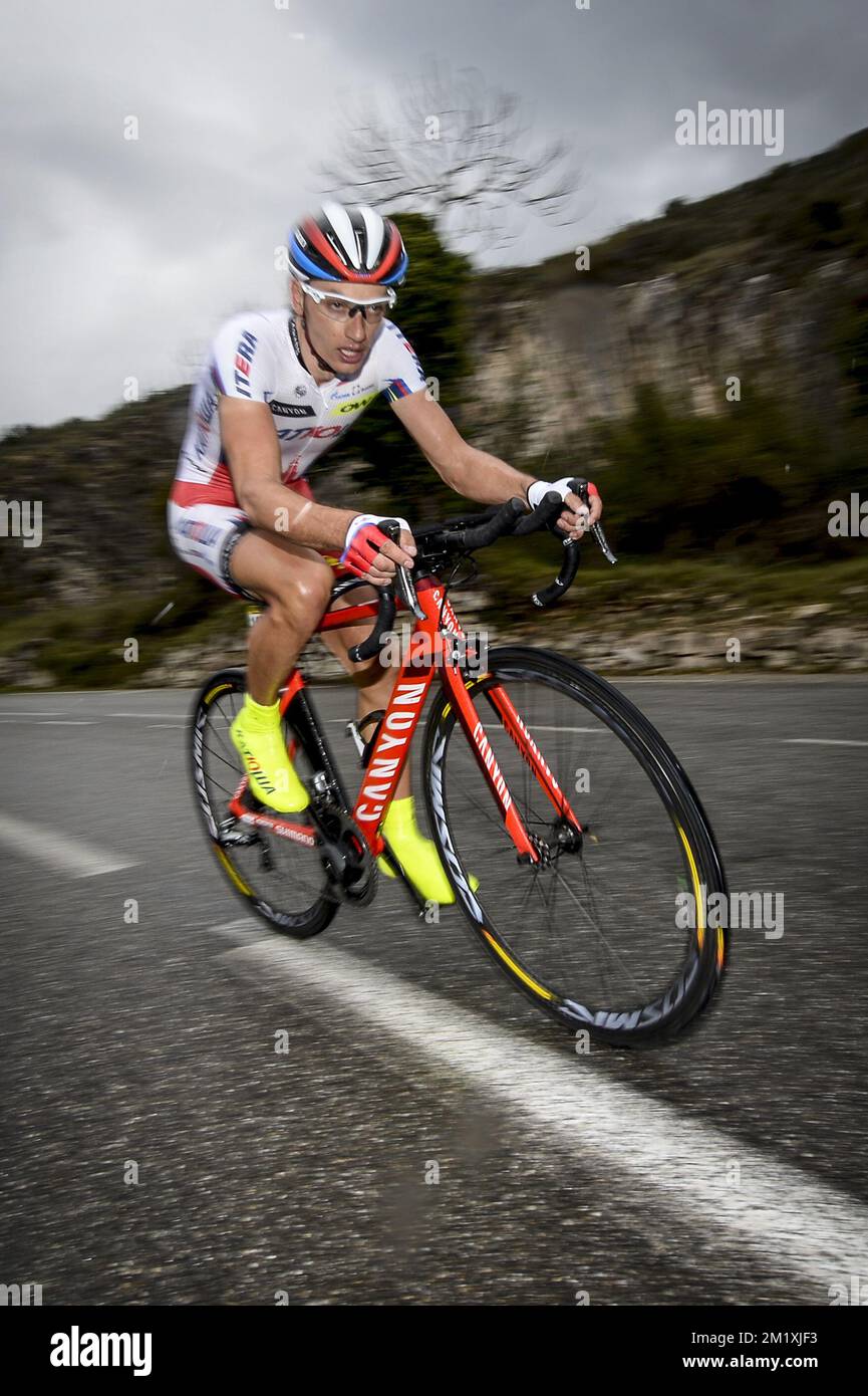 Slovenian Simon Spilak of Team Katusha pictured during the seventh and final stage on the eighth day of the 73rd edition of Paris-Nice cycling race, a 9,6 km time trial from Nice to Col d'Eze, France, Sunday 15 March 2015.  Stock Photo
