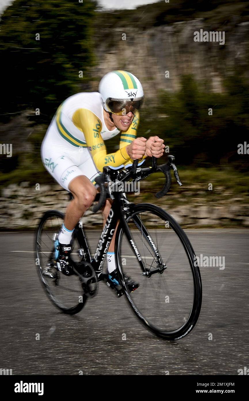 Australian Richie Porte of Team Sky pictured during the seventh and final stage on the eighth day of the 73rd edition of Paris-Nice cycling race, a 9,6 km time trial from Nice to Col d'Eze, France, Sunday 15 March 2015.  Stock Photo