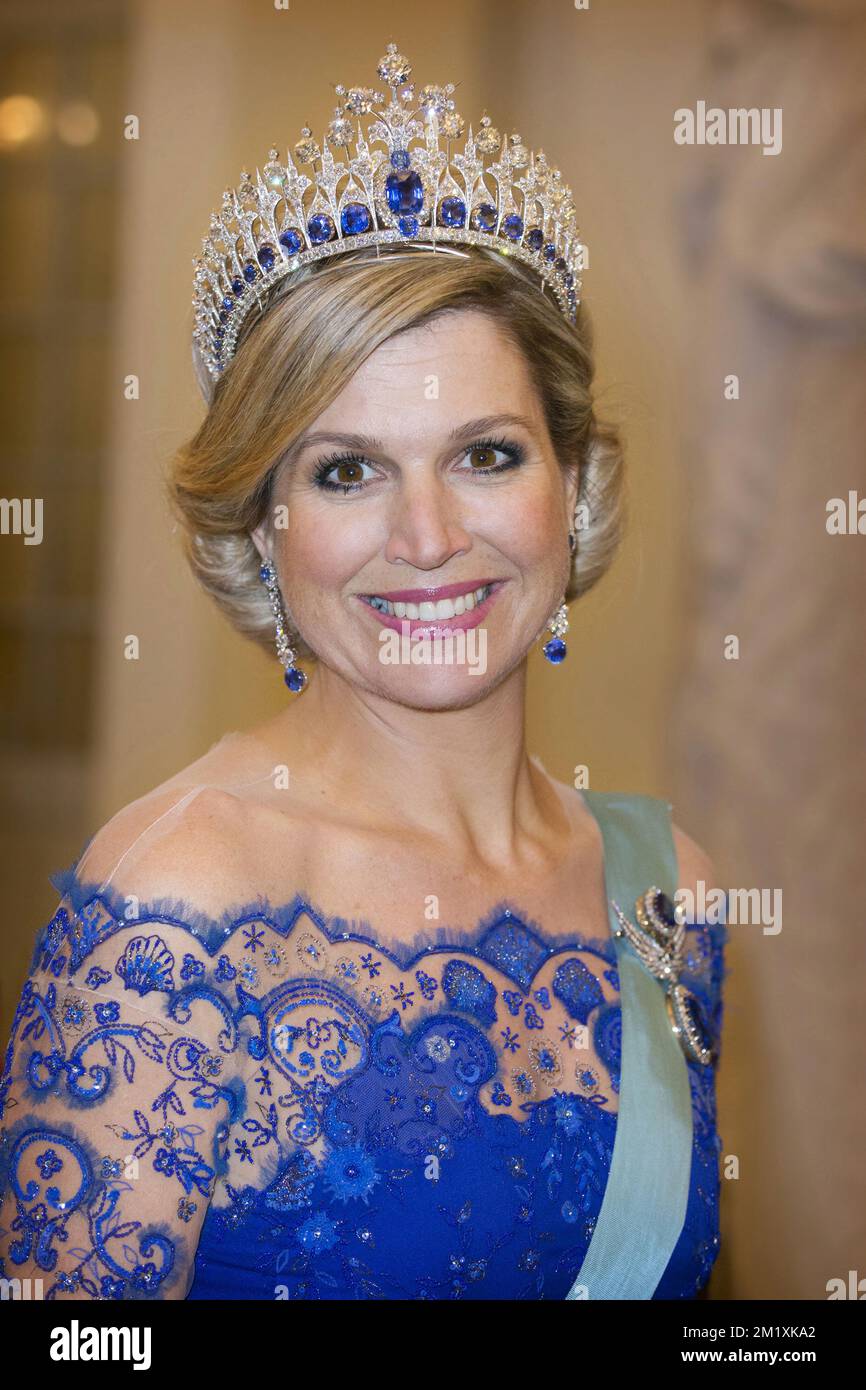 17-3-2015 COPENHAGEN - tiara King Willem-Alexander and Queen Maxima of The Netherlands and Queen Margarethe and Prince Henrik of Denmark at the state banquet in Christiansborg Palace in Copenhagen, Denmark, 17 March 2015. Crown prince Frederik and Crown Princess Mary  The Dutch King and Queen are in Denmark for an two day state visit. COPYRIGHT ROBIN UTRECHT Stock Photo