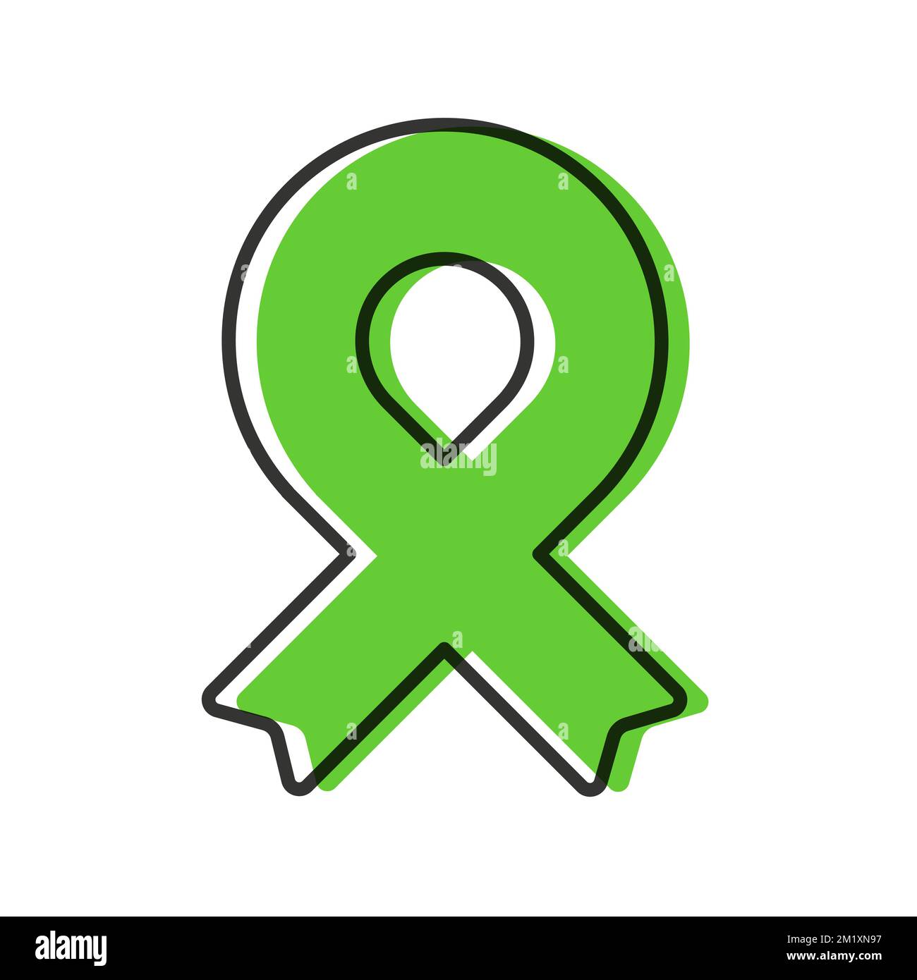 Awareness ribbon. Black outline. Lime green color. Geometrical shape