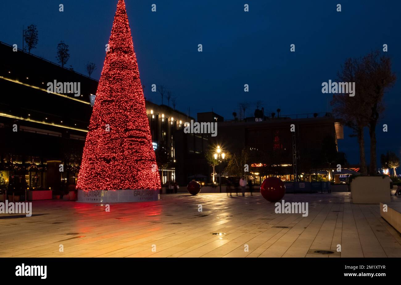 Ghristmas tree at dusk. Christmas concept tree in Galataport. move
