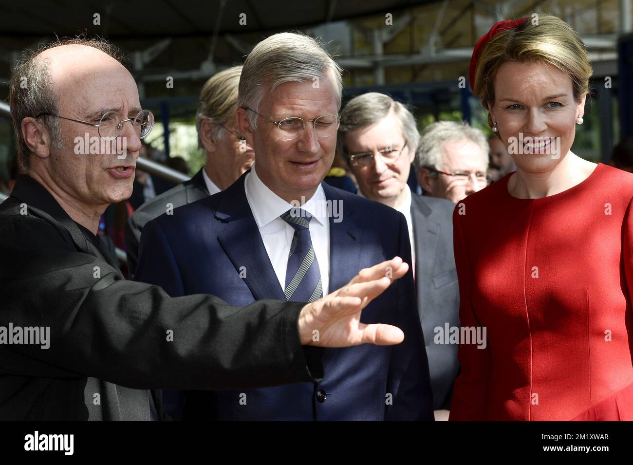20150421 - STRASBOURG, FRANCE: Cartoonist Philippe Geluck, Queen Mathilde of Belgium and King Philippe - Filip of Belgium pictured during a royal visit to the European Court of Human Rights (ECHR) in Strasbourg, France, Tuesday 21 April 2015. The Belgian Royals are visiting Today in Strasbourg the Council of Europe, the European Court of Human Rights and the Eurocorps. BELGA PHOTO DIRK WAEM Stock Photo
