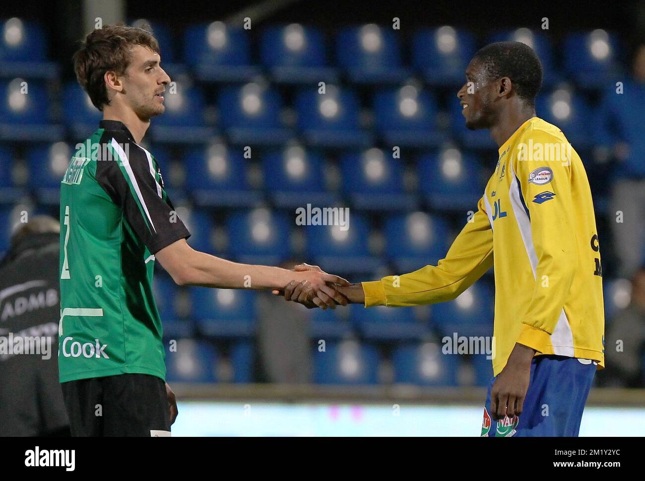 FILE PHOTO: Gregory Mertens has died aged 24 following a cardiac arrest while playing.  Cercle's Gregory Mertens, STVV's Ibrahima Sidibe and shake hands after the draw result 1-1 at the Jupiler Pro League match between Sint-Truiden and Cercle Brugge, in Westerlo, Saturday 09 April 2011, on the second day of the Play-off 2 of Belgian soccer championship. Stock Photo