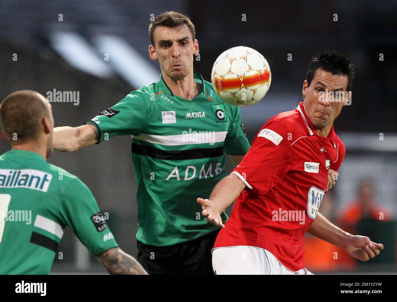 FILE PHOTO: Gregory Mertens has died aged 24 following a cardiac arrest while playing.  Cercle Brugge's Gregory Mertens and Mons' Jeremy Perbet fight for the ball during the match RAEC Mons vs Cercle Brugge KSV, the first leg of the final of the Jupiler Pro League Play-Off group 2 of the Belgian soccer championship.  Stock Photo