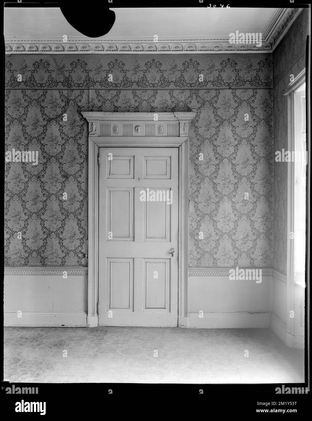 Boston, 2 Lynde Street, interior detail, door and wallpaper, first
