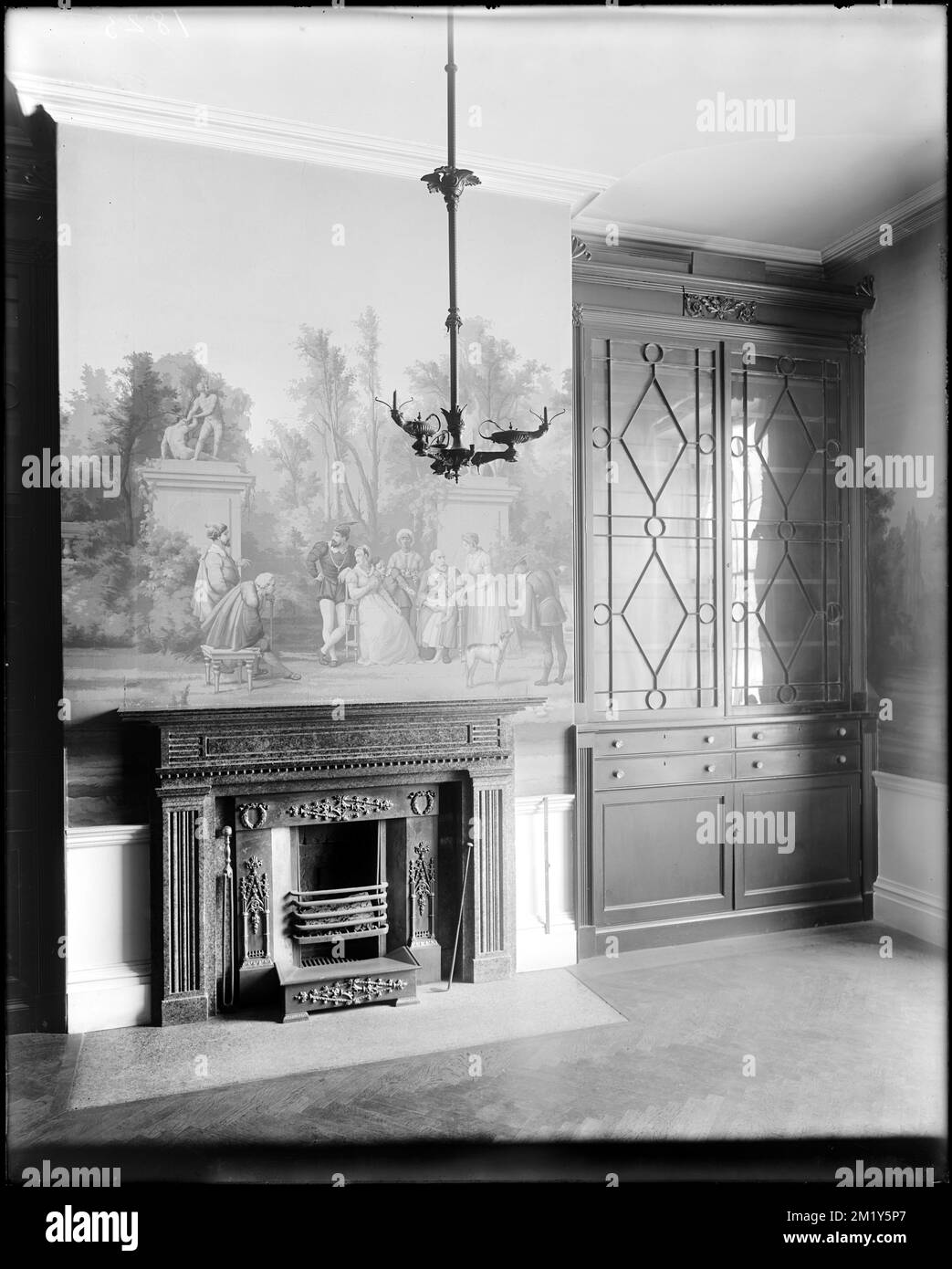 Boston, 40 Beacon Street, interior detail, mantel and wallpaper