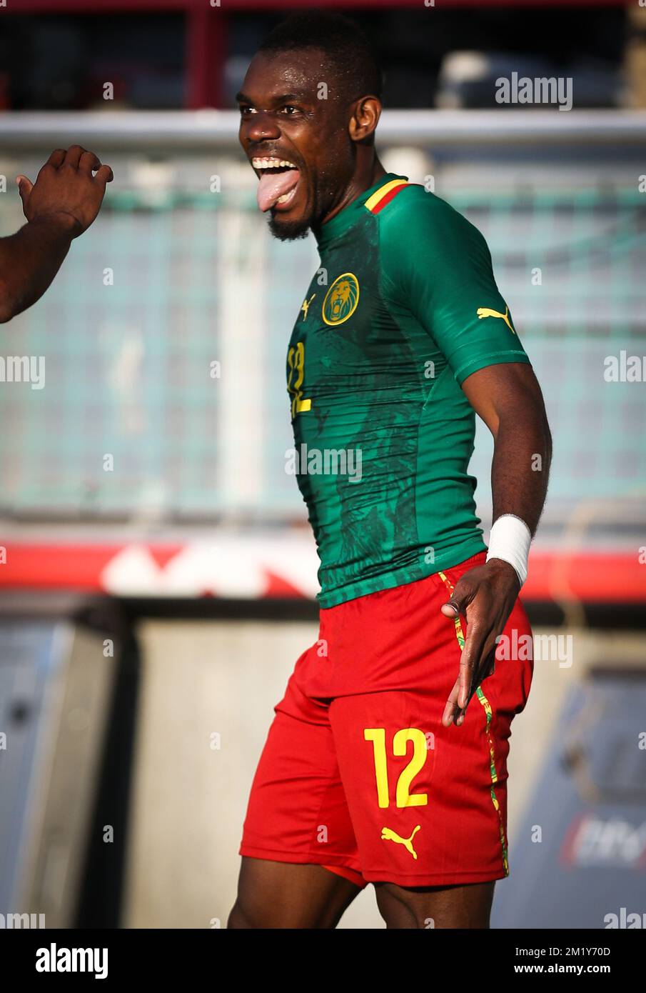 20150609 - MONS, BELGIUM: Cameroon's Henri Bedimo celebrates after scoring during a friendly soccer match between DR Congo and Cameroon, in Mons, Tuesday 09 June 2015. BELGA PHOTO VIRGINIE LEFOUR Stock Photo