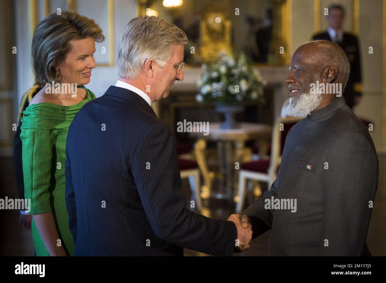 20150611 - BRUSSELS, BELGIUM: Queen Mathilde of Belgium, King Philippe - Filip of Belgium and Belize Minister of Foreign Affairs  Wilfred P. Elrington pictured as the Royal couple receives the participants in the EU-CELAC summit meeting, Thursday 11 June 2015, at the Royal Palace in Brussels. European Union and Latin America and the Caribbean hold a bi-regional Summit in Brussels. BELGA PHOTO LAURIE DIEFFEMBACQ Stock Photo