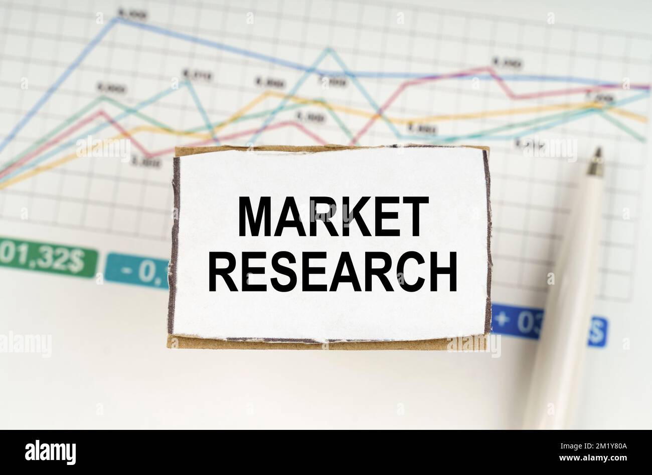 Business concept. Against the background of business graphics and pens, a sign with the inscription - Market Research Stock Photo