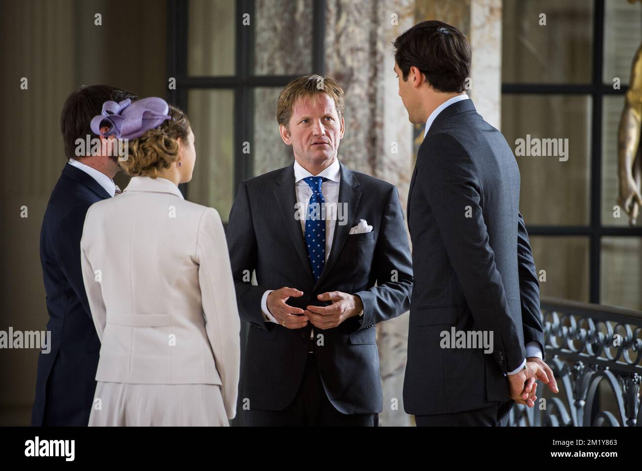 20150617 - BRUSSELS, BELGIUM: Prince Guillaume, hereditary Grand-Duke of Luxembourg, Belgian Countess Stephanie de Lannoy, Prince Pieter-Christiaan d'Orange-Nassau and Prince Jean-Christophe Napoleon pictured during a reception given by Belgian royal couple with Luxembourg hereditary Grand-Duke and descendants of the main war leaders of Waterloo battle, Wednesday 17 June 2015, at the Royal Castle in Laken-Laeken, Brussels. BELGA PHOTO LAURIE DIEFFEMBACQ Stock Photo