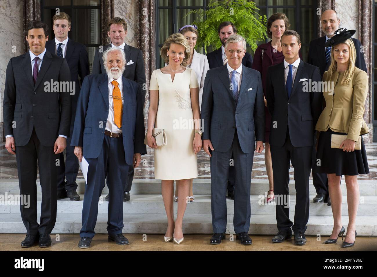 20150617 - BRUSSELS, BELGIUM: (Back, from L to R) Lord Frederick Wellesley, Prince Pieter-Christiaan d'Orange-Nassau, Belgian Countess Stephanie de Lannoy, Prince Guillaume, hereditary Grand-Duke of Luxembourg, Grafin Blucher von Wahlstatt, Lukas Graf Blucher von Wahlstatt (Front, from L to R) Prince Jean-Christophe Napoleon, Prince Nikolaus Furst Blucher von Wahlstatt, Queen Mathilde of Belgium, King Philippe - Filip of Belgium, Arthur Gerald Wellesley, Earl of Mornington and Jemma Wellesley, Marchioness of Douro pose for a family portrait at a reception given by Belgian royal couple with Lux Stock Photo