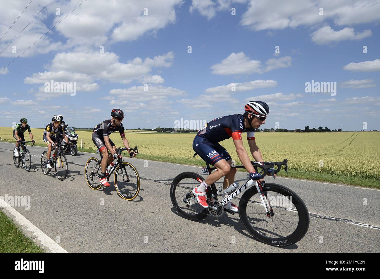 Czech Jan Barta of Bora-Argon 18 (2R) and Swiss Martin Elmiger of IAM Cycling (R) pictured in action during stage 3 of the 102nd edition of the Tour de France cycling race, 159,5 km from Antwerp to Huy, Monday 06 July 2015. This year's Tour de France is taking place from 4 to 26 July.  Stock Photo