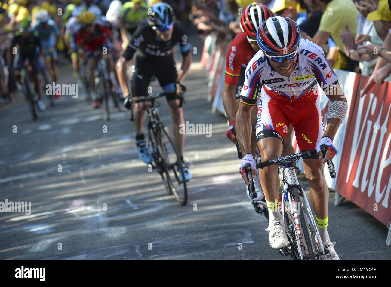 Spanish Joaquim Rodriguez of Team Katusha pictured in action on the mur of Huy during stage 3 of the 102nd edition of the Tour de France cycling race 159 5 km from Antwerp