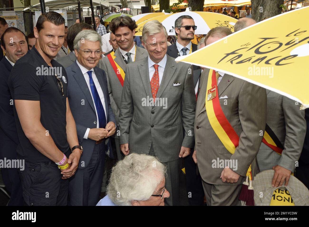 Former soccer player Daniel Van Buyten, Vice-Prime Minister and Foreign Minister Didier Reynders, Seraing mayor Alain Mathot and King Philippe - Filip of Belgium pictured before the start of stage 4 of the 102nd edition of the Tour de France cycling race, 223,5km from Seraing, Belgium, to Cambrai, France, Tuesday 07 July 2015.   Stock Photo