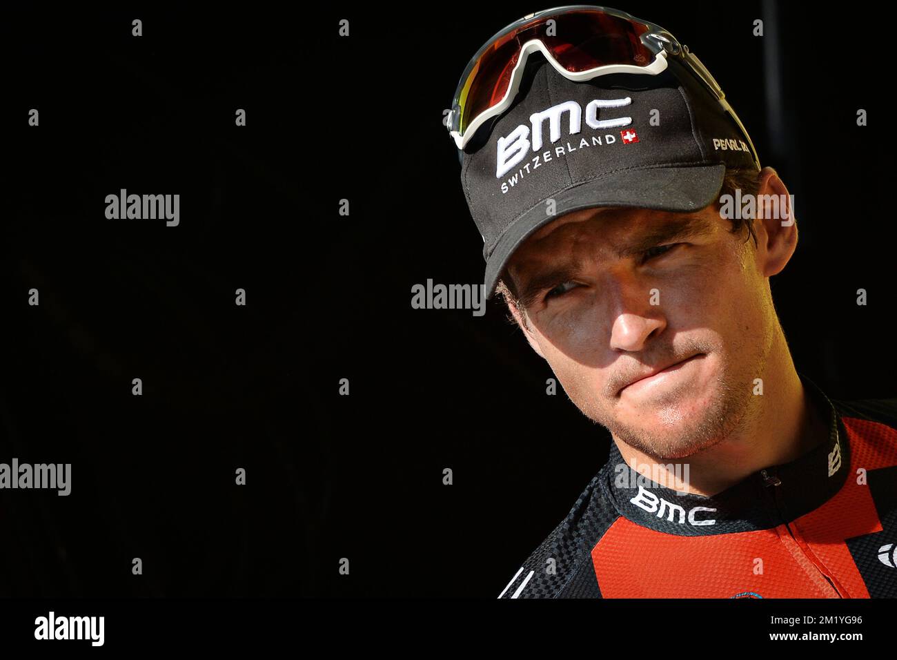 Belgian Greg Van Avermaet of BMC Racing Team celebrates on the podium ...