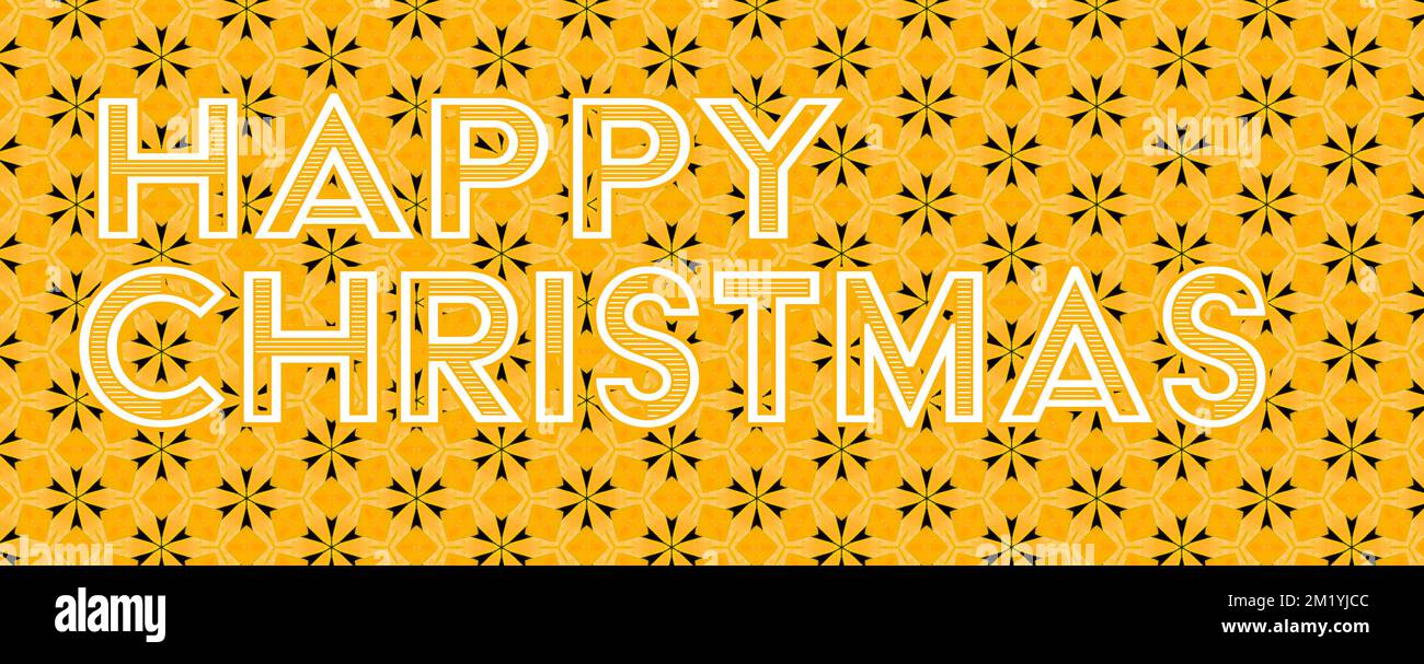 Happy Christmas holiday sign, banner, header, leaderboard, cover. Lettering over festive gold pattern. See 2M1XT48 for matching background. Stock Photo