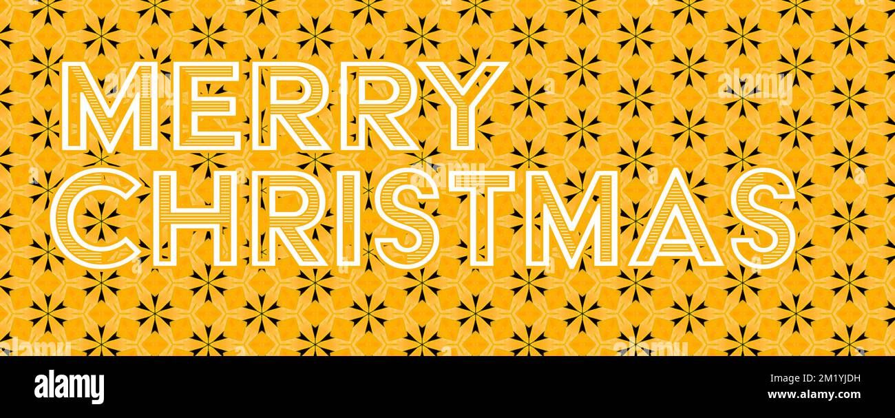 Merry Christmas holiday sign, banner, header, leaderboard, cover. Lettering over festive gold pattern. See 2M1XT48 for matching background. Stock Photo