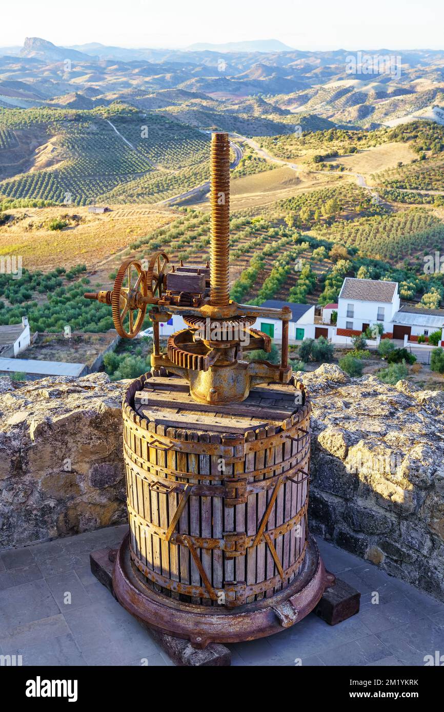 Old press to make olive oil next to fields full of olive trees in the province of Cadiz, Spain. Stock Photo
