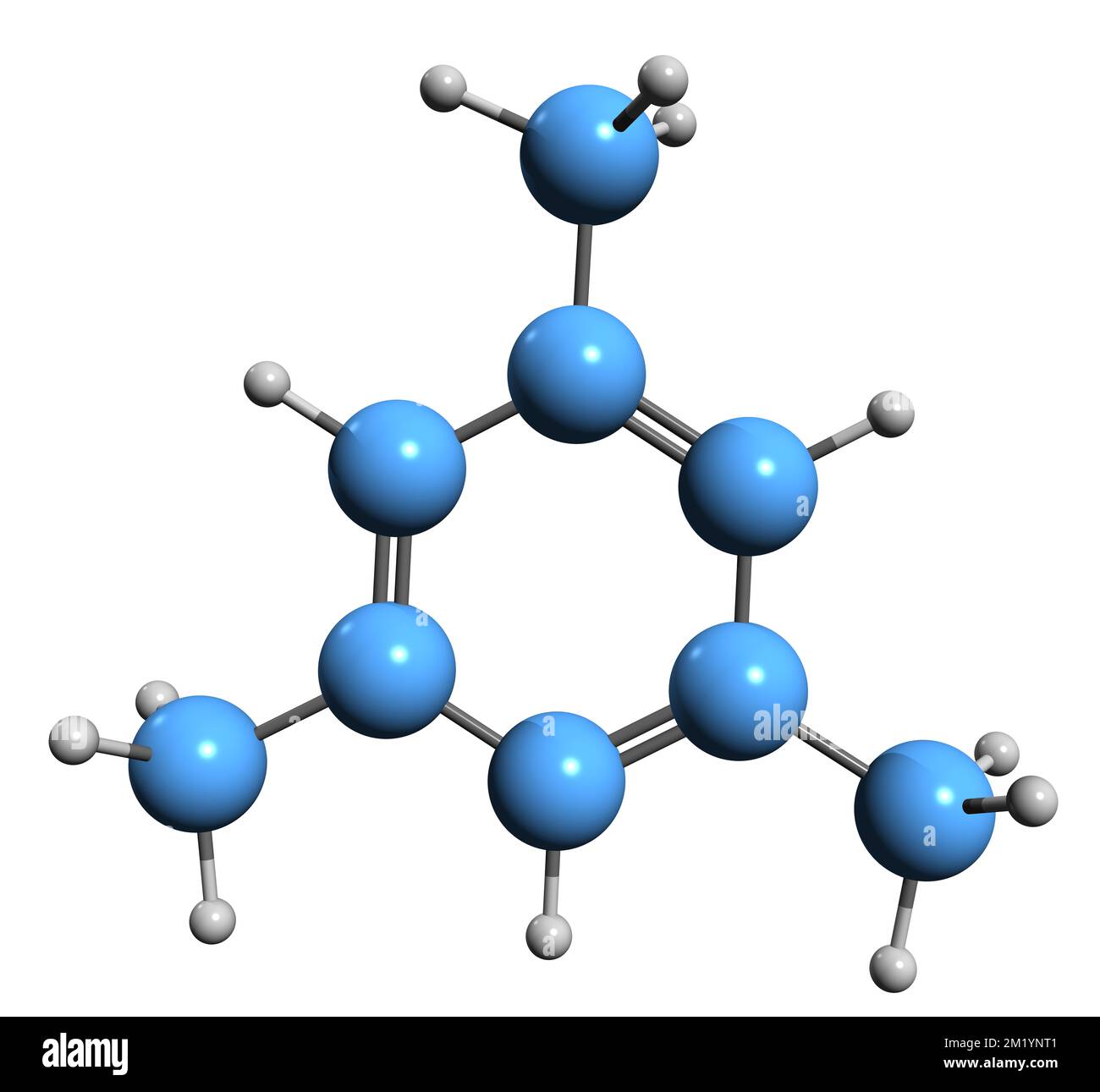 3D image of Mesitylene skeletal formula - molecular chemical structure of Trimethylbenzene isolated on white background Stock Photo
