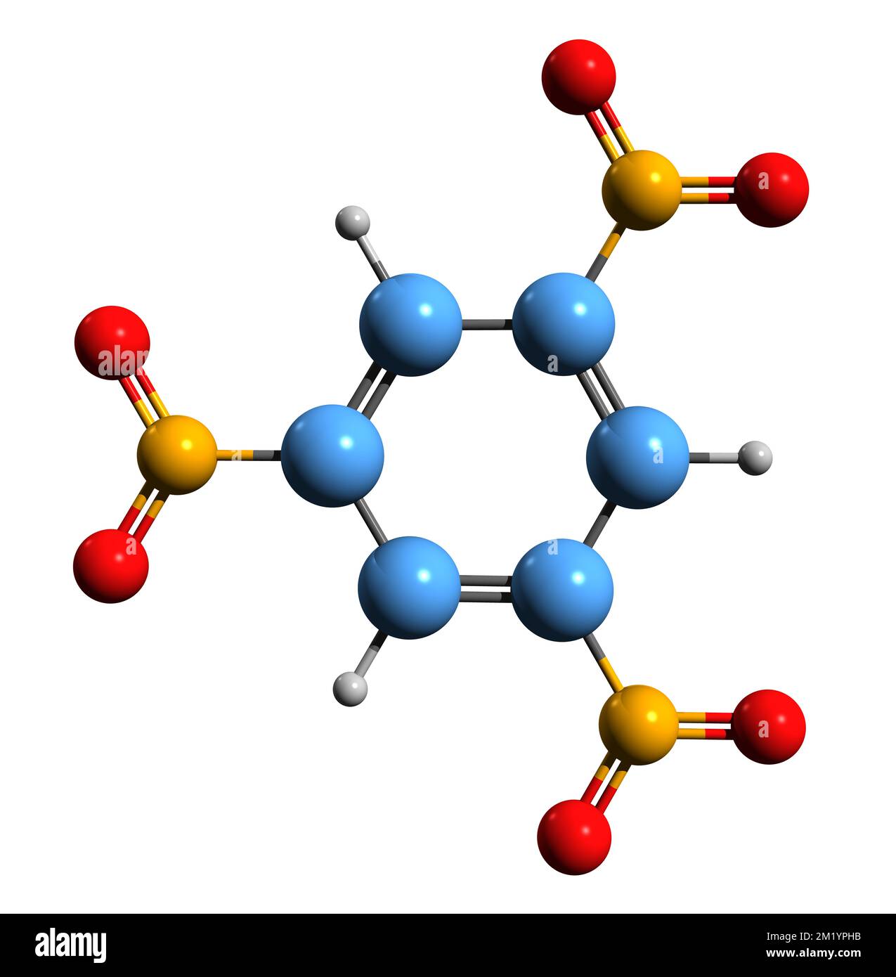 3D image of Trinitrobenzene skeletal formula - molecular chemical structure of trinitrated benzene-derivative isolated on white background Stock Photo