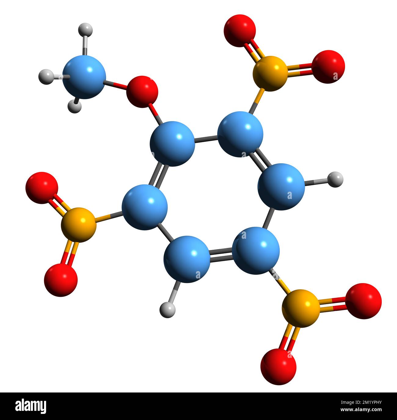 3D image of Trinitroanisole skeletal formula - molecular chemical structure of picric acid methyl ether isolated on white background Stock Photo