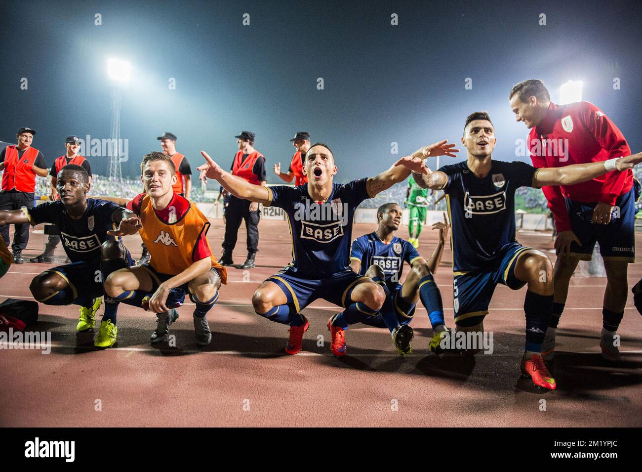 20150806 - LIEGE, BELGIUM: Standard's Corentin Fiore, Standard's Anthony Knockaert, Standard's Ricardo Faty and Standard's Jorge Teixeira celebrate after winning a return leg game of the third preliminary round of the Uefa Europa League competition between Bosnian soccer club FK Zeljeznicar and Belgian first league soccer team Standard de Liege in the Asim Ferhatovic Hase Stadium in Sarajevo, Bosnia and Hercegovina, Thursday 06 August 2015. Standard won first leg 2-1. BELGA PHOTO LAURIE DIEFFEMBACQ Stock Photo