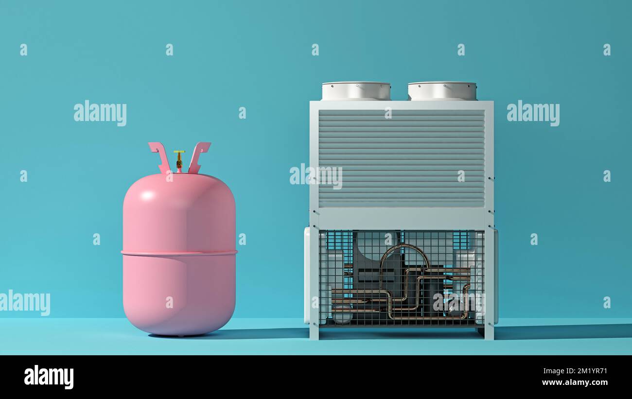 pink gas cylinder for refilling freon next to the air conditioning
