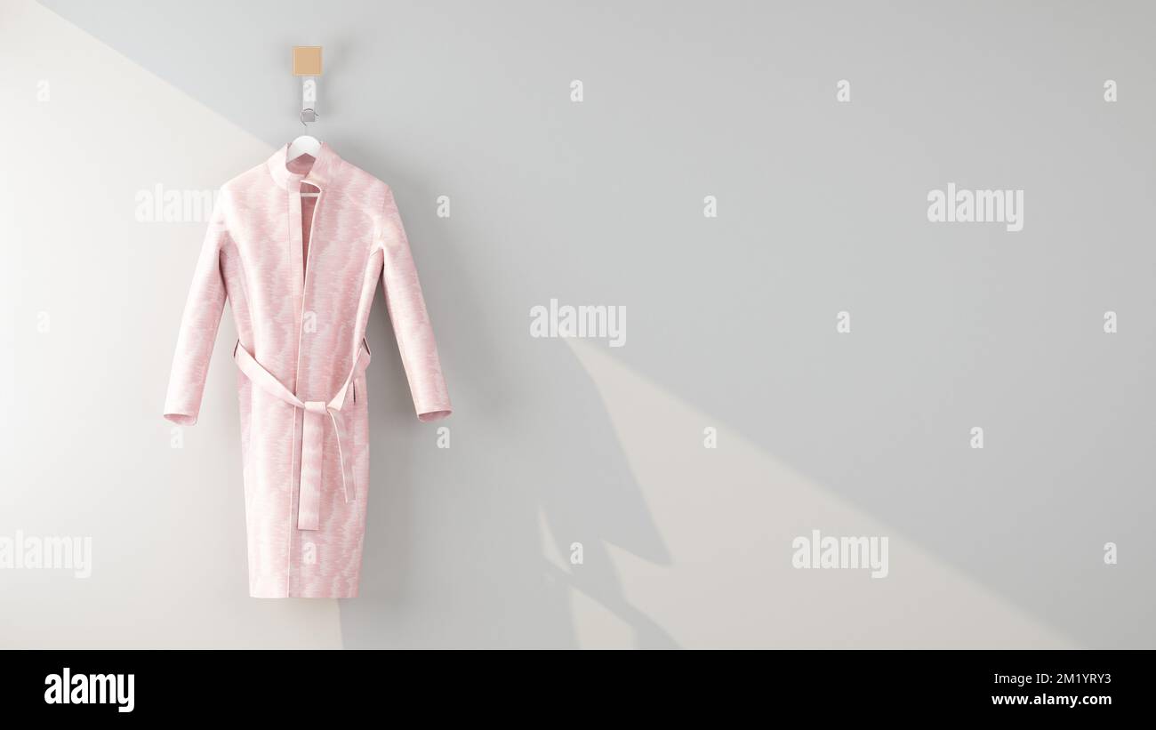 Pink Robe Hanging pink bathrobe hanging on the wall with copy space. 3d rendering Stock ...