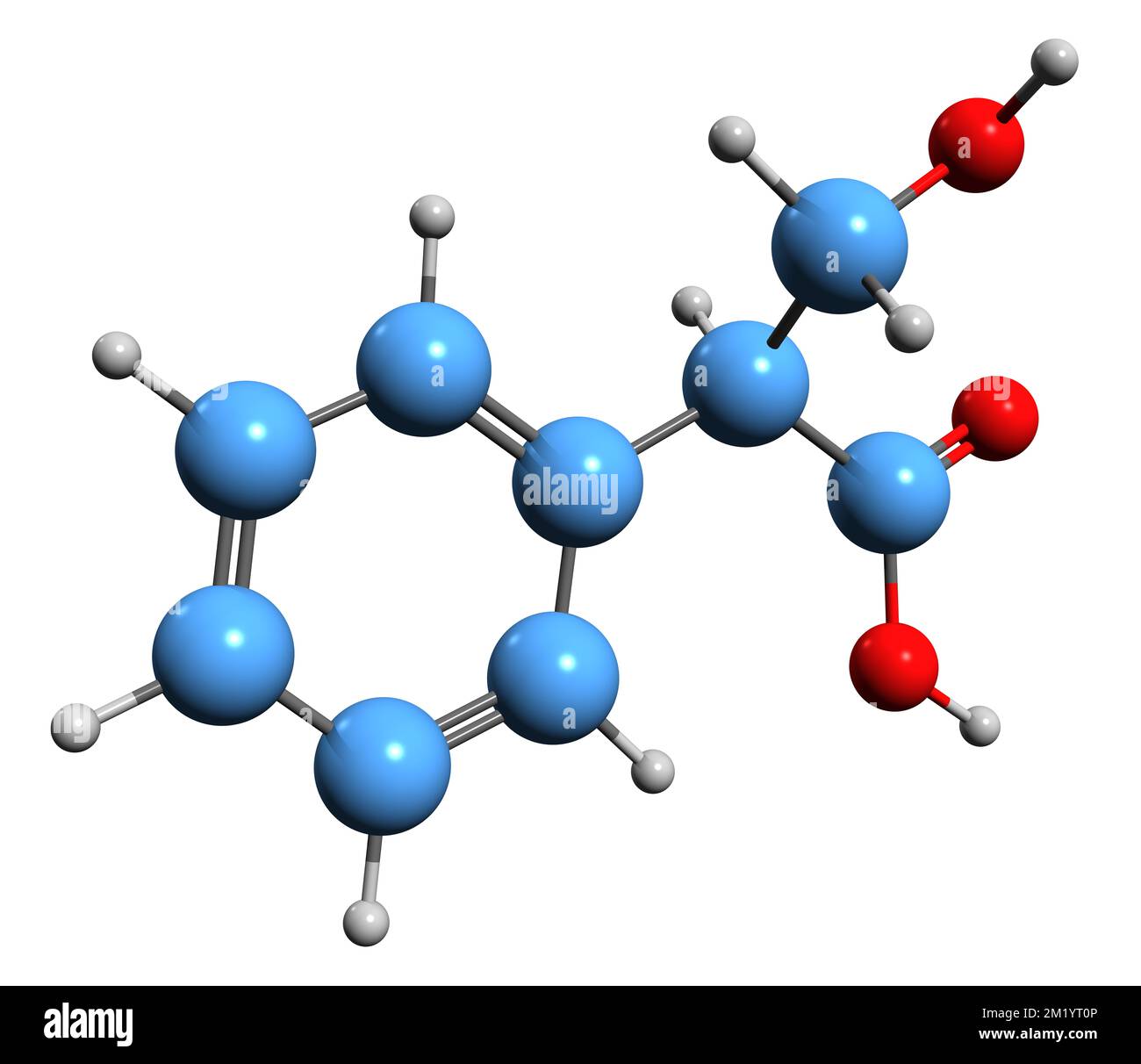 3D image of Tropic acid skeletal formula - molecular chemical structure of 2-Phenylhydracrylic acid isolated on white background Stock Photo