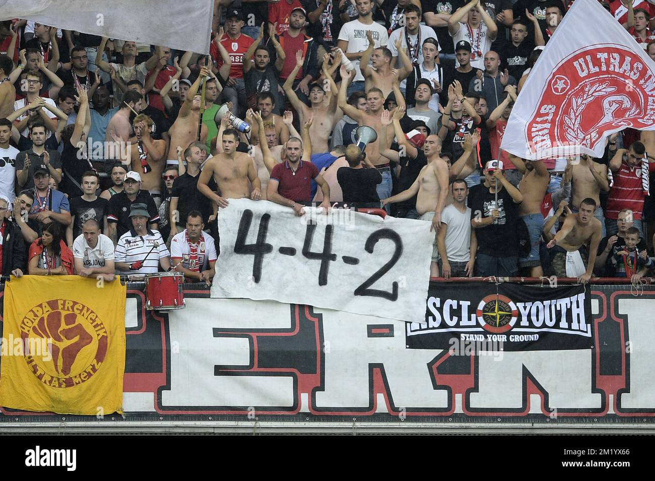 Standard's supporters pictured during the Jupiler Pro League match between Standard de Liege and KV Oostende, in Liege, Sunday 23 August 2015, on day 05 of the Belgian soccer championship.  Stock Photo