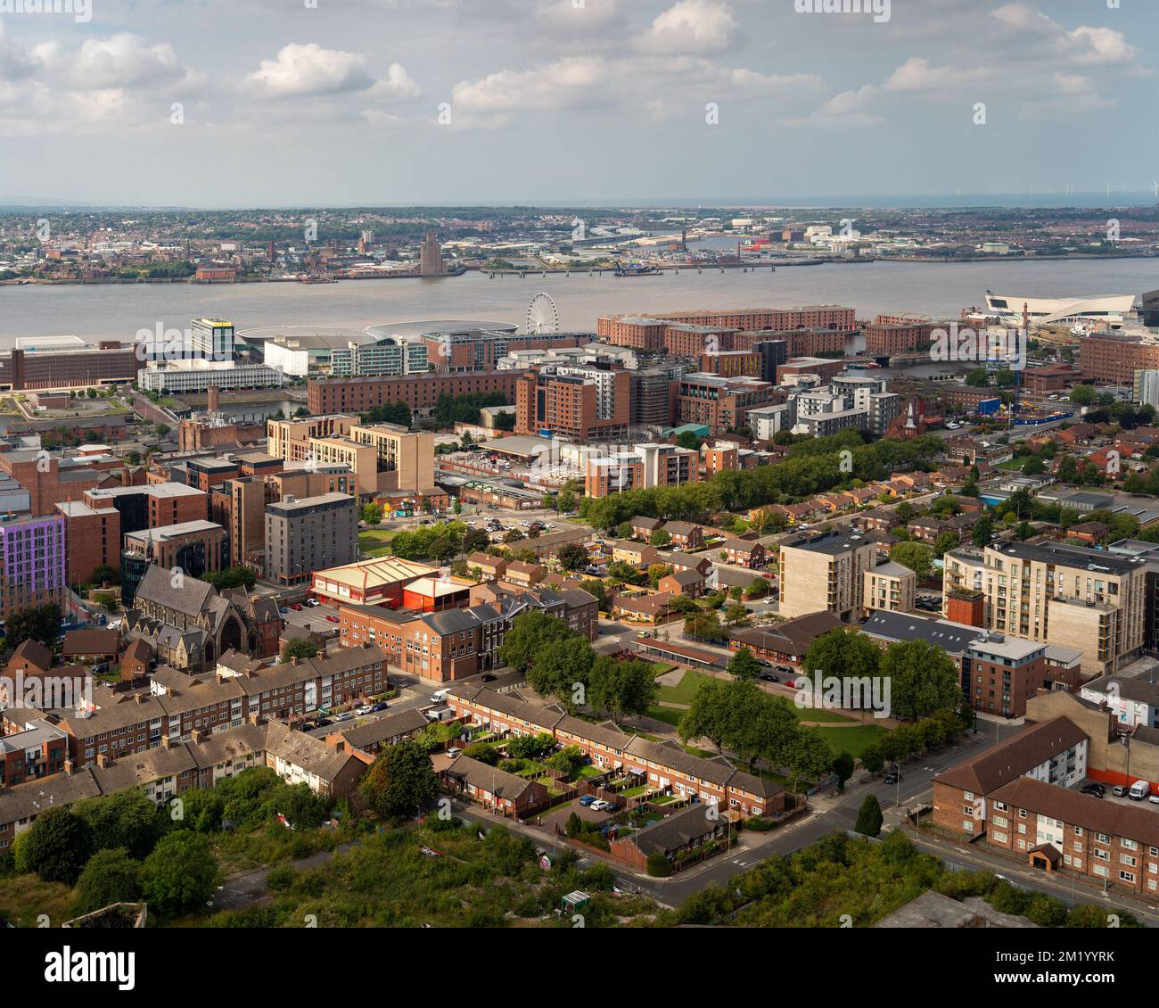 Liverpool, UK: Aerial view of City Centre South, including Great George Square and Albert Dock next to the River Mersey Stock Photo