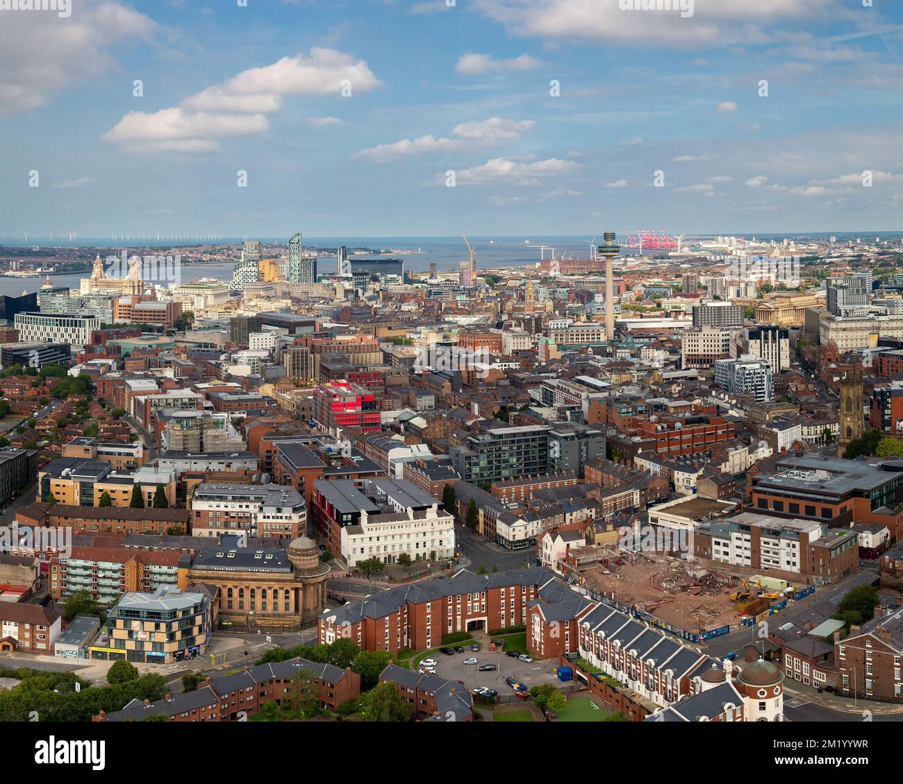 Liverpool, UK: Aerial view of City Centre, including Ropewalks, St Johns Beacon and waterfront buildings Stock Photo