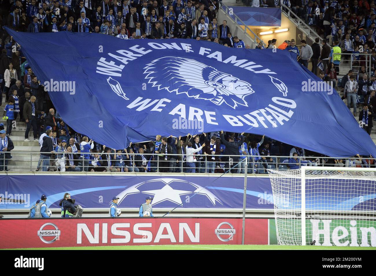 20150916 - GENT, BELGIUM: Gent's supporters pictured during the first game in the group stage of the Uefa Champions League competition, in group H, between Belgian first league soccer team KAA Gent and Olympique Lyon, in Gent, Wednesday 16 September 2015. BELGA PHOTO YORICK JANSENS Stock Photo