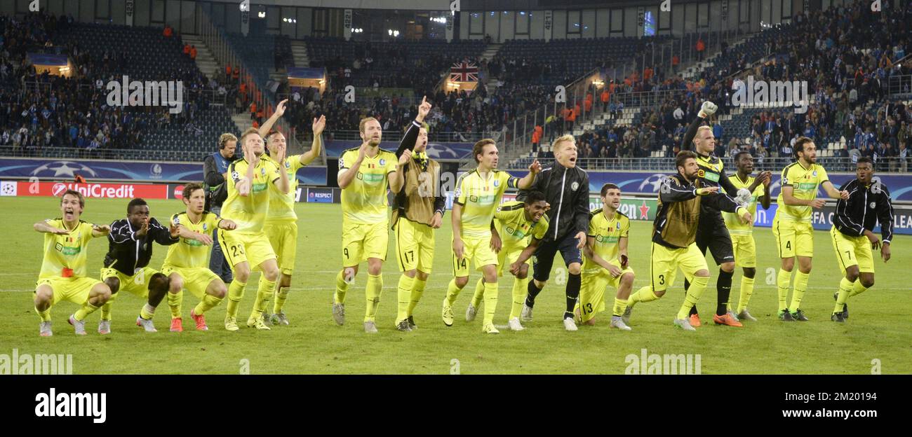 20150916 - GENT, BELGIUM: Gent's players celebrate after the first game in the group stage of the Uefa Champions League competition, in group H, between Belgian first league soccer team KAA Gent and Olympique Lyon, in Gent, Wednesday 16 September 2015. BELGA PHOTO YORICK JANSENS Stock Photo