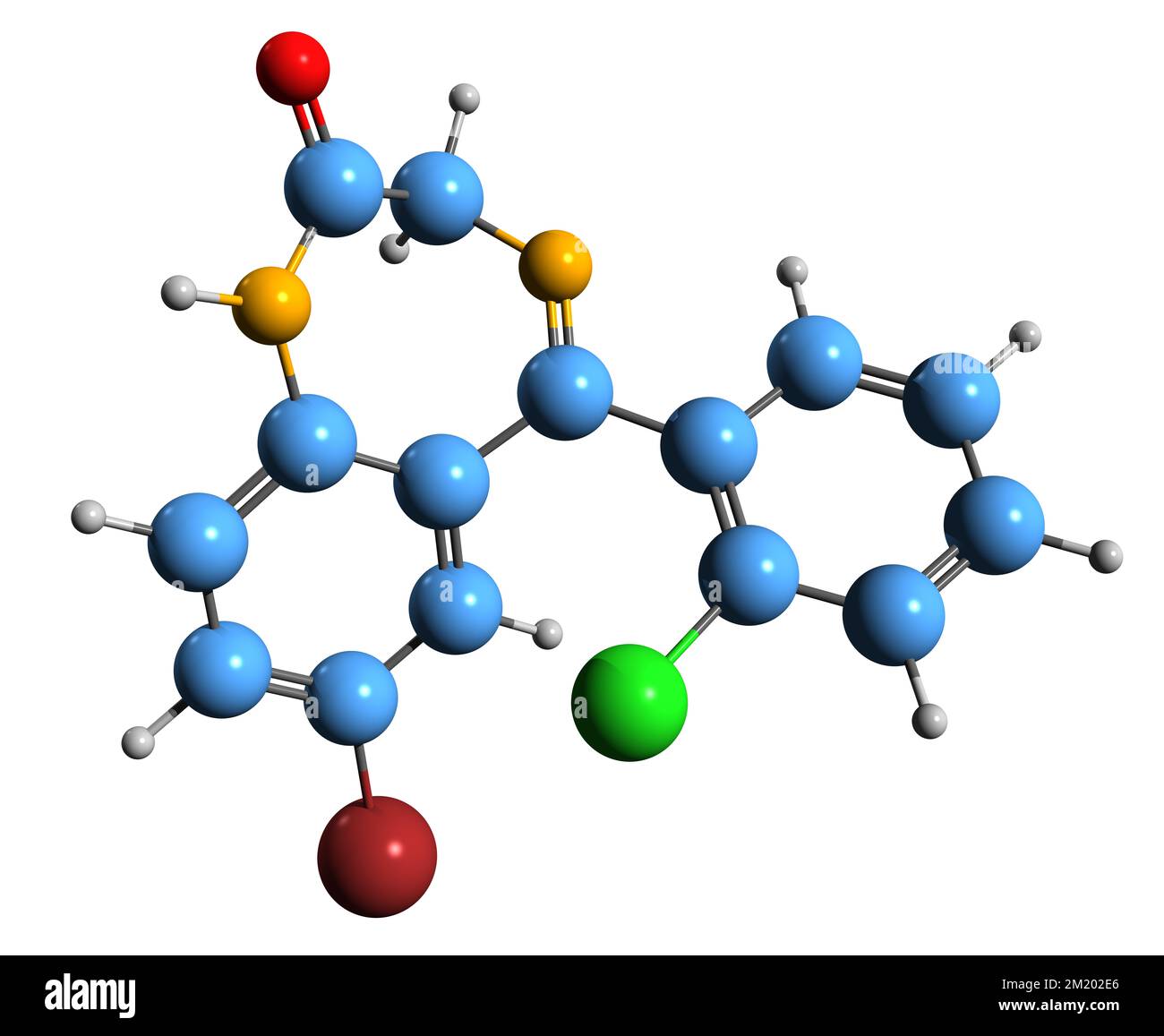 3D image of Phenazepam skeletal formula - molecular chemical structure of bromdihydrochlorphenylbenzodiazepine isolated on white background Stock Photo