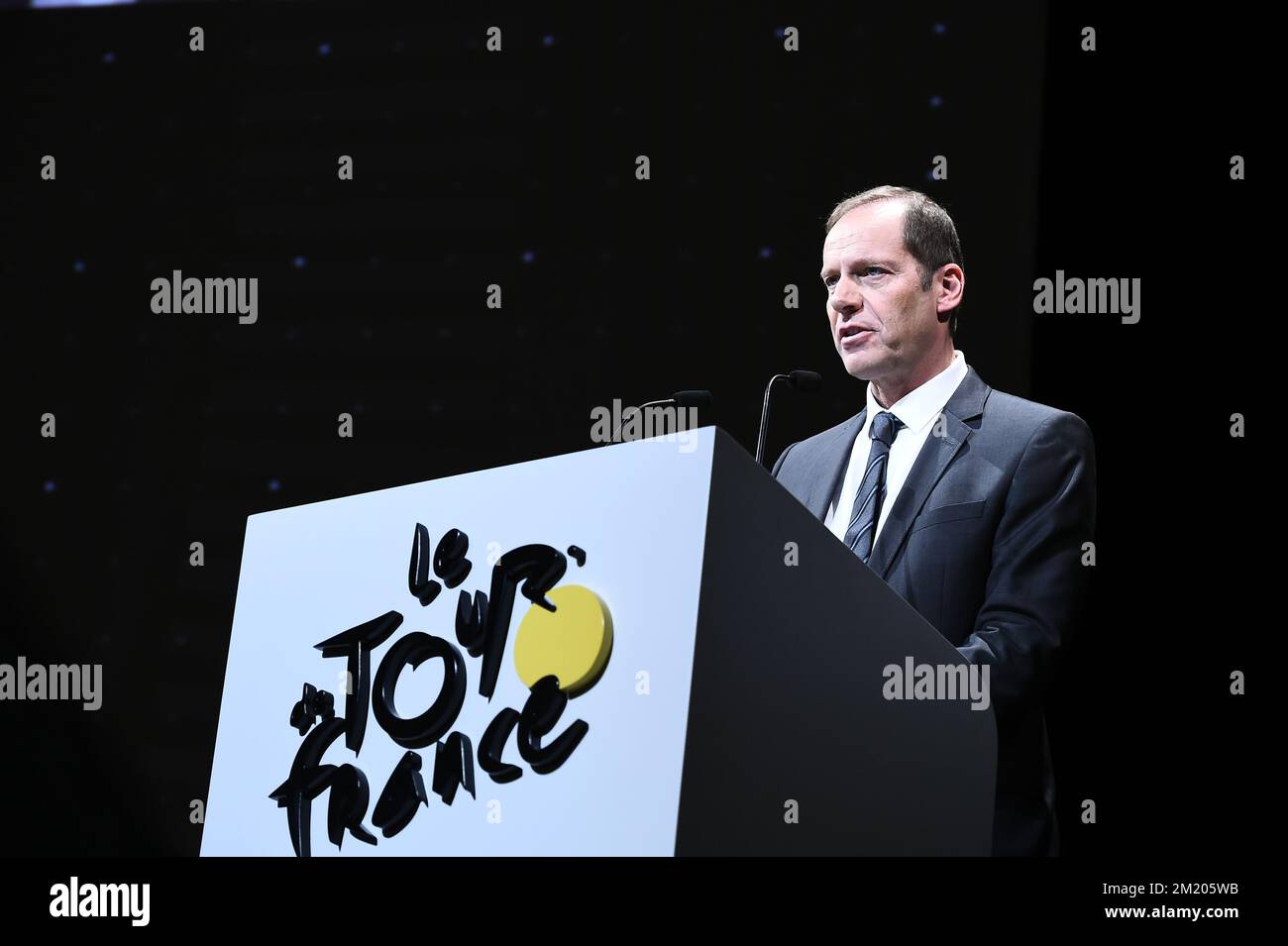 20151020 - PARIS, FRANCE: Christian Prudhomme, cycling director of ASO (Amaury Sport Organisation) pictured during the official presentation of the 2016 Tour de France route, Tuesday 20 October 2015, in Paris, France. BELGA PHOTO FRED PORCU Stock Photo