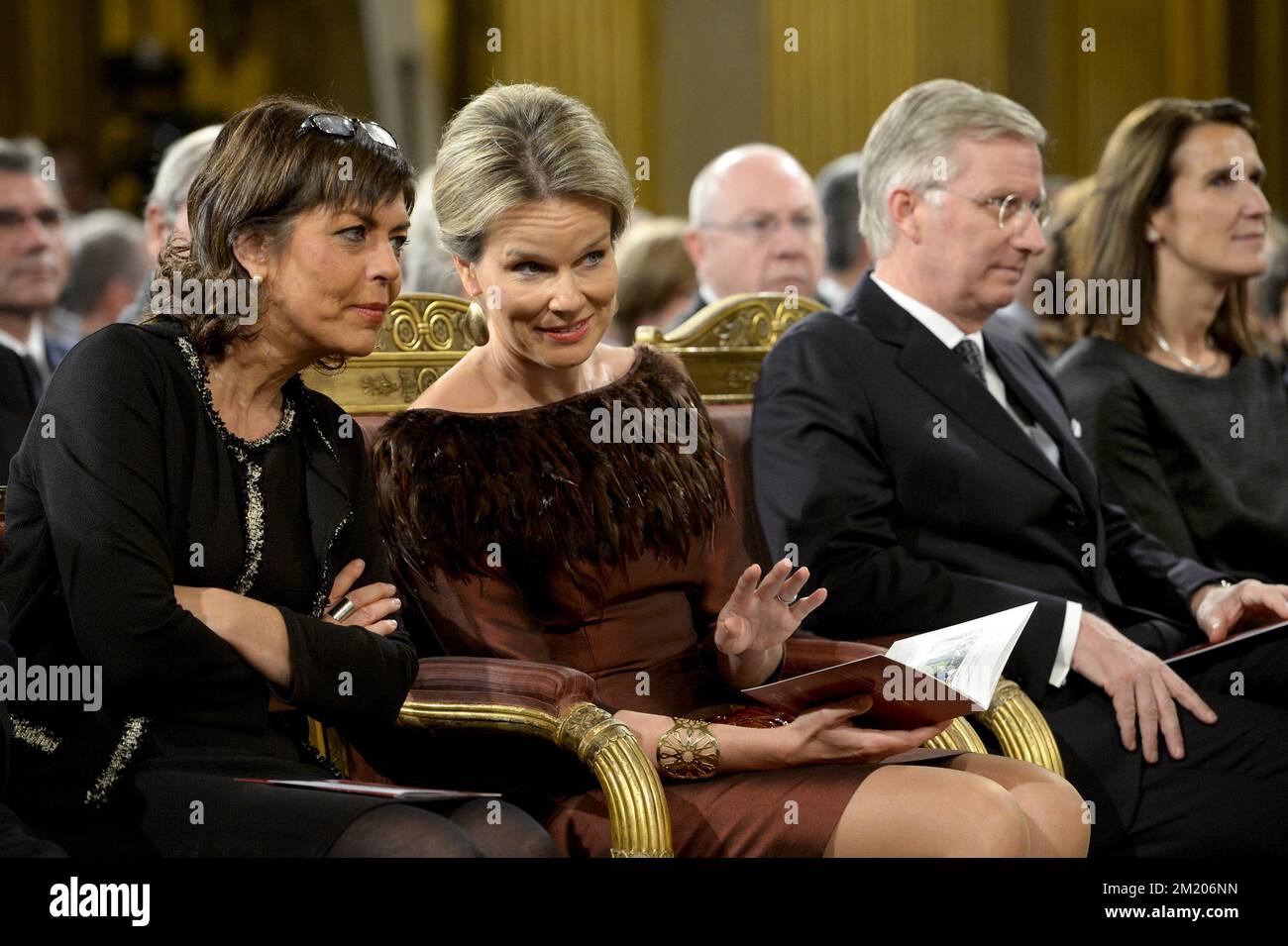 20151021 - BRUSSELS, BELGIUM: Federation Wallonia - Brussels Minister Joelle Milquet, Queen Mathilde of Belgium and King Philippe - Filip of Belgium pictured during the autumn concert at the Royal Palace, in Brussels, Wednesday 21 October 2015. BELGA PHOTO DIRK WAEM Stock Photo