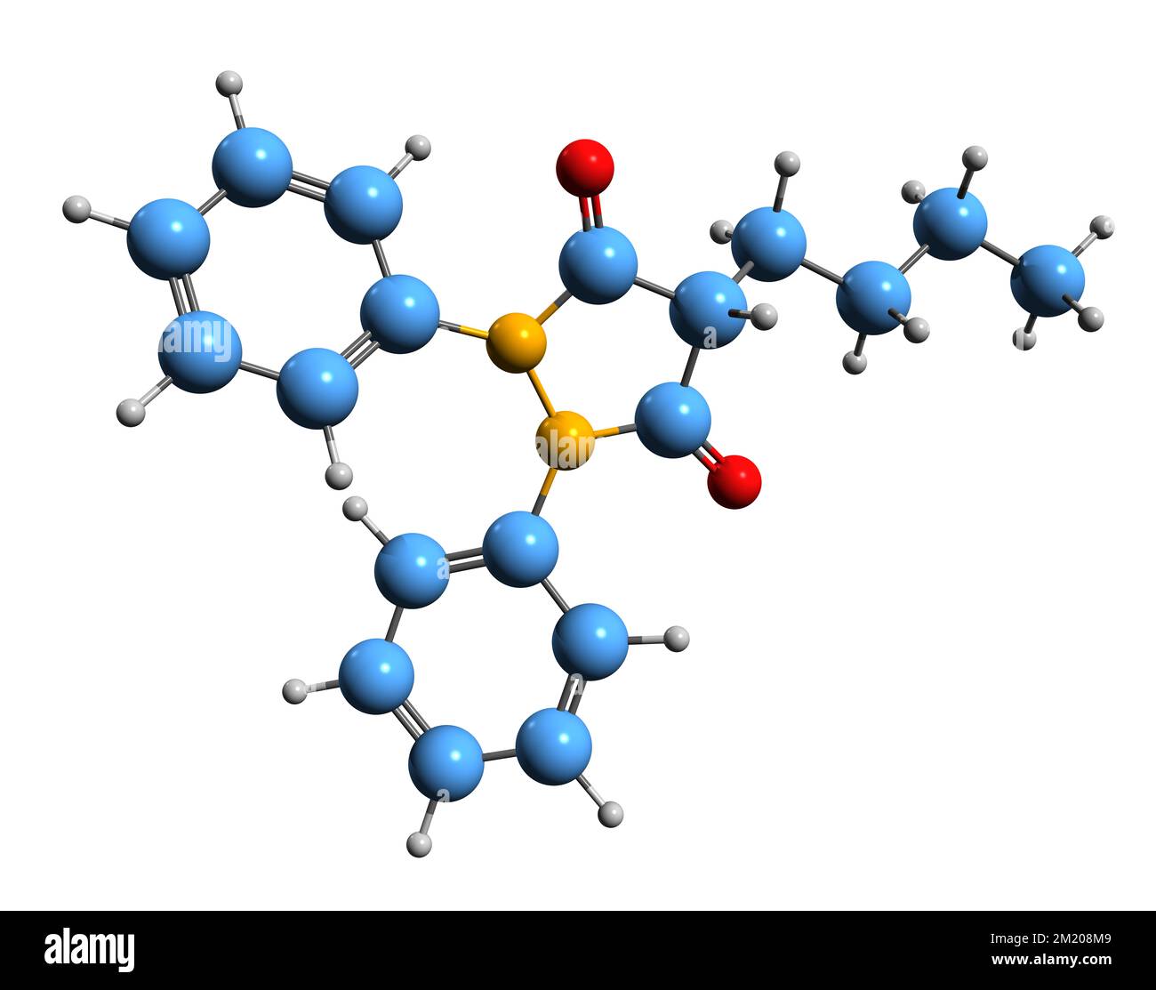 3D image of Phenylbutazone skeletal formula - molecular chemical structure of nonsteroidal anti-inflammatory drug isolated on white background Stock Photo