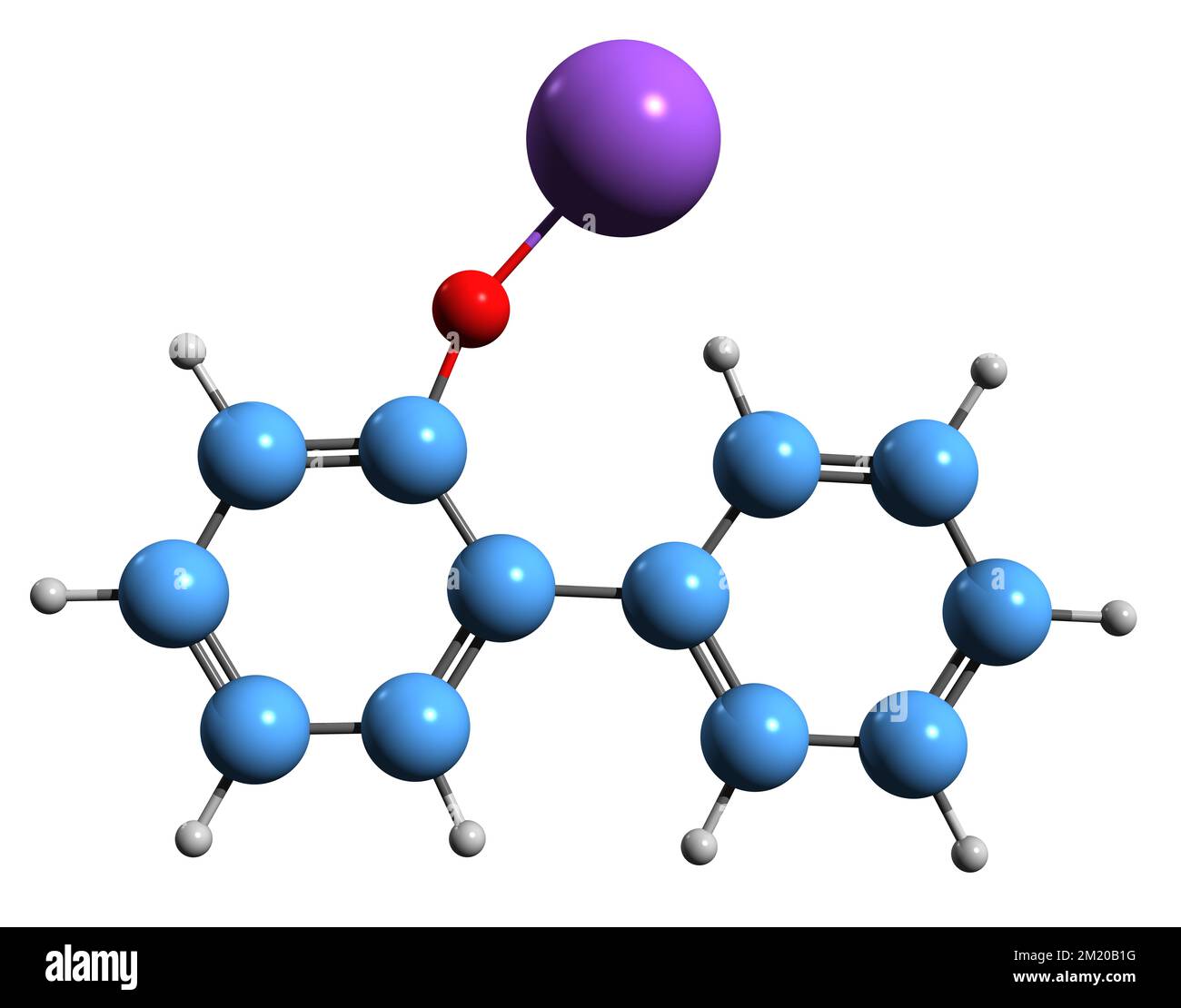 3D image of Sodium orthophenyl phenol skeletal formula - molecular chemical structure of o-Phenylphenol sodium isolated on white background Stock Photo
