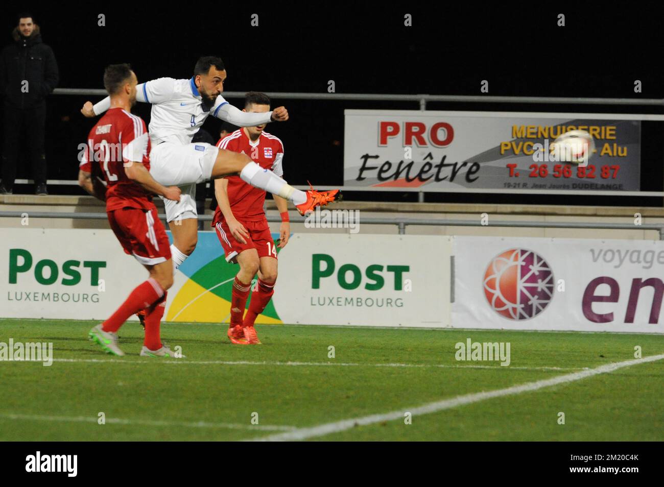 20151113 - DIFFERDANGE, LUXEMBOURG: Greece's Kostas Mitroglou shoots to the goal during a friendly soccer game between Luxembourg national team and Greece, in Differdange, Luxembourg, Friday 13 November 2015. BELGA PHOTO SOPHIE KIP Stock Photo