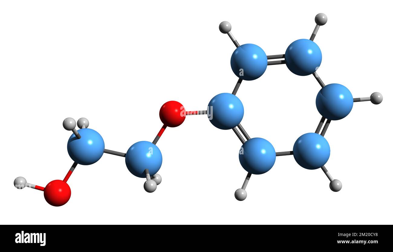 3D image of Phenoxyethanol skeletal formula - molecular chemical structure of Ethylene glycol monophenyl ether isolated on white background Stock Photo